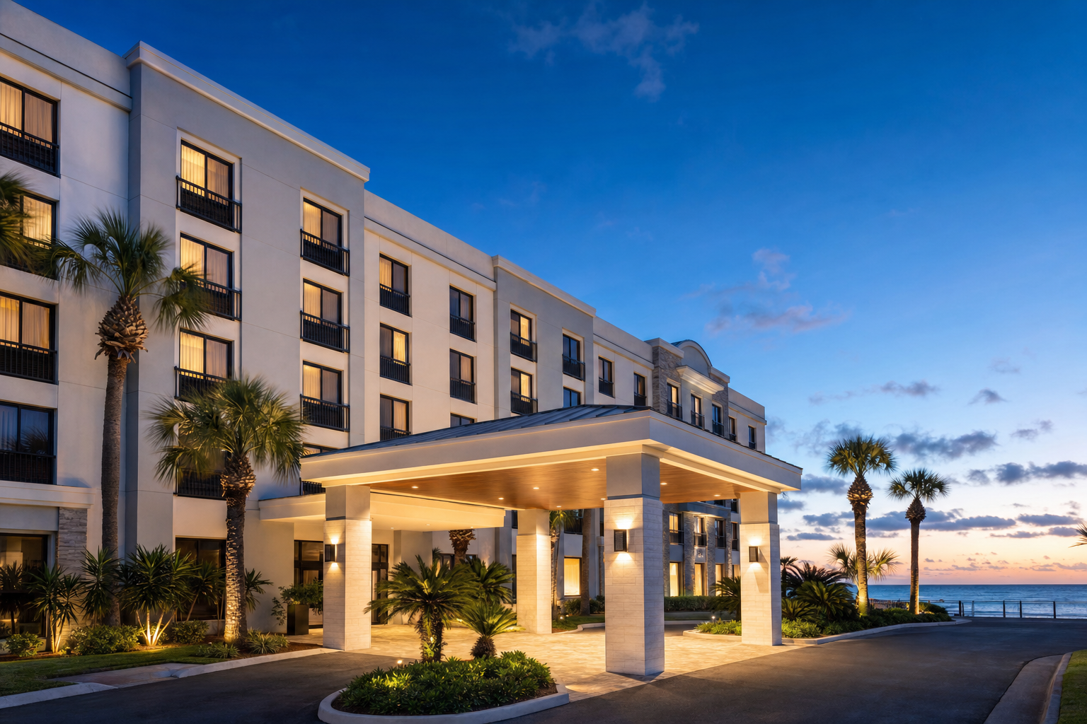 Renovated coastal hotel exterior at dusk