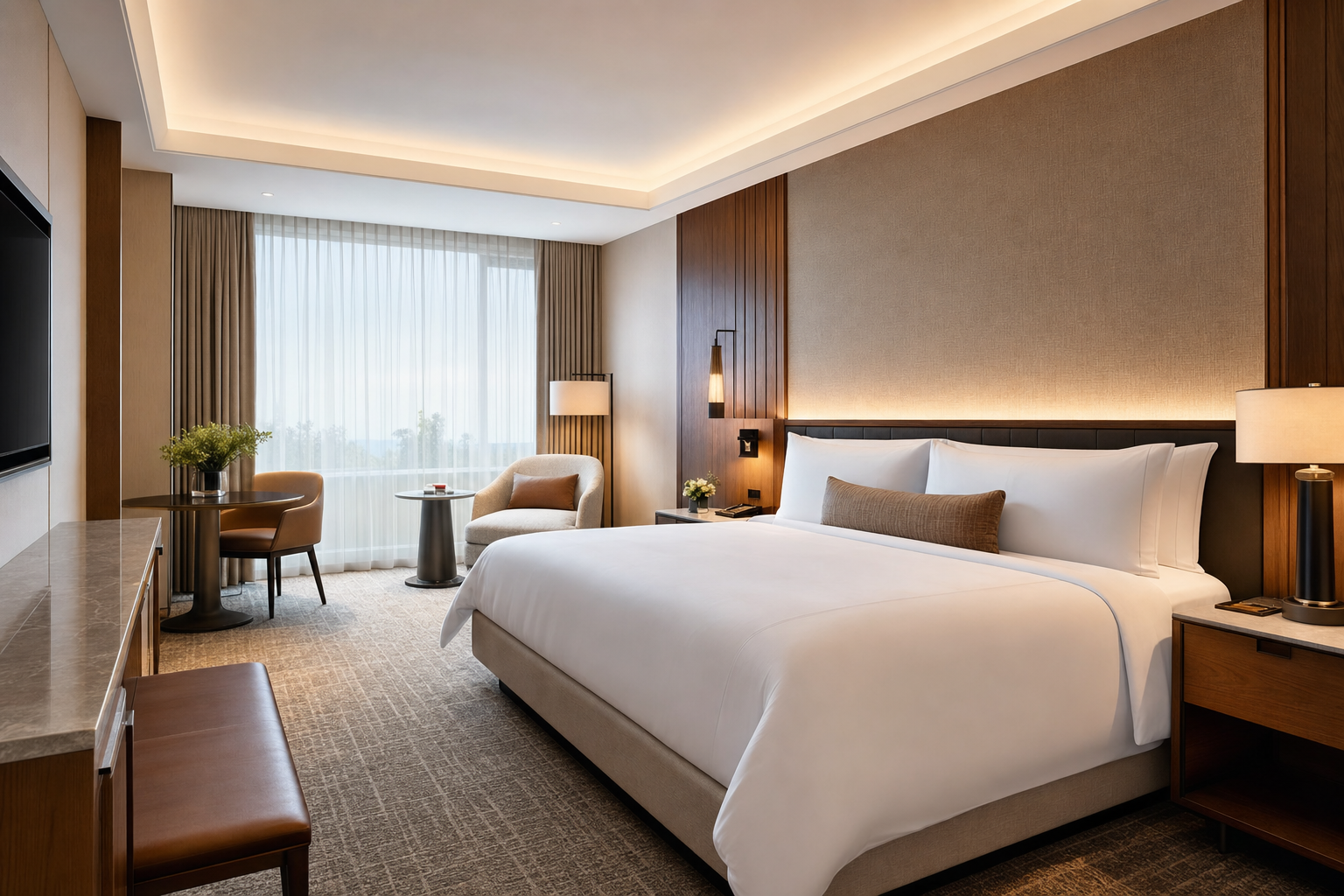 Renovated brand-standard hotel guestroom