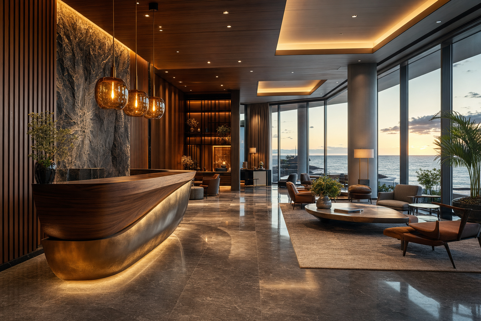 Newly renovated upscale coastal hotel lobby at golden hour